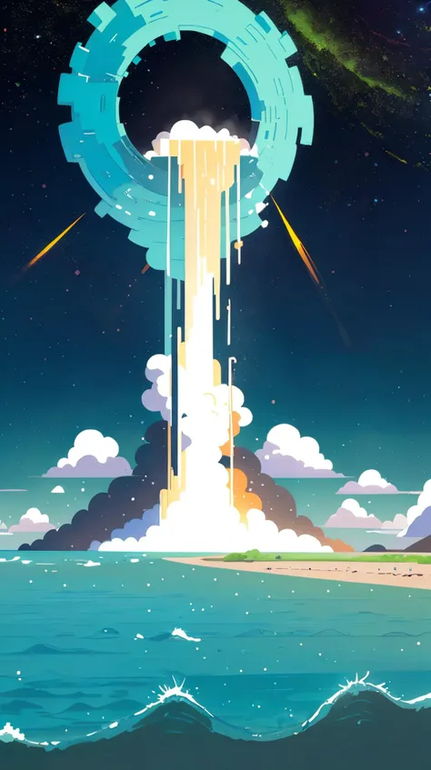 Stellarnova Shores, tranquil coastal region where each wave mirrors the explosive birth of a new star in the sky, casting multicolored shadows, tethered by cascades of waterfalls, illustration,flat color,Flat style,(Masterpiece),(best quality),<lora:Landscape illustration:0.7>, (Masterpiece:1.3) (best quality:1.2) (high quality:1.1)