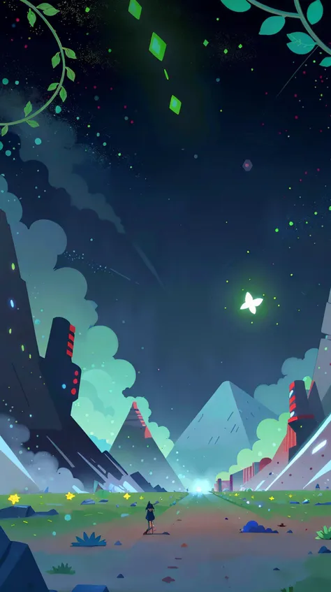illustration,flat color,Flat style, Neon Jungle, bright vines and fluorescent fauna, radiates a peaceful, serene aura,their collective light illuminating the rugged landscape,releasing spores under a sky with drifting asteroids <lora:Landscape illustration:0.7>, sparks,fragments,Dreamlike impressions, (Masterpiece:1.3) (best quality:1.2) (high quality:1.1)