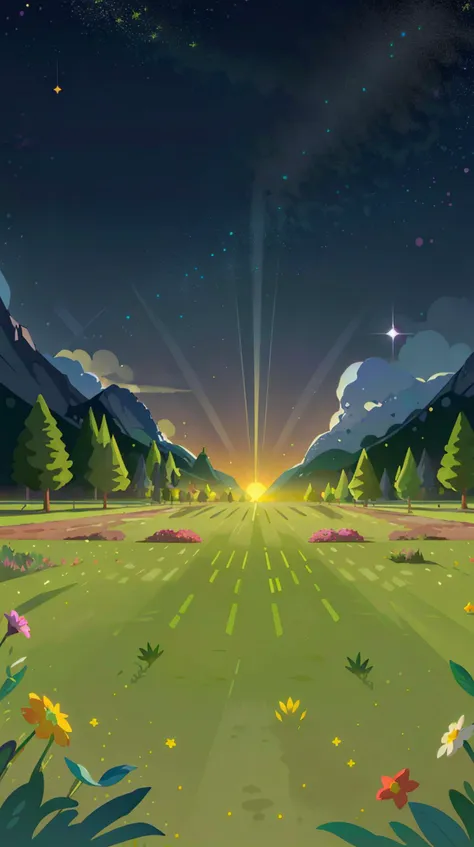 illustration,flat color,Flat style, Euphoria Expanse, a grassland filled with joy-inducing pollen, the glassy surface bathed in the soft light of distant stars,reflecting the multi-colored flora under the iridescent glow of the night sky,orange glow of a setting sun <lora:Landscape illustration:0.7>, alien,evolution,shimmering, (Masterpiece:1.3) (best quality:1.2) (high quality:1.1)
