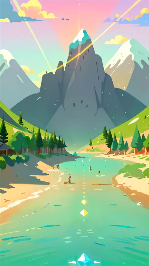illustration,flat color,Flat style, Conundrum Cove, a coastal region that presents paradoxical phenomena, making it a paradise for fauna,dancing colors of an active light beam sky,geometrically shaped hills with plants that grow in mathematical patterns, bathed in the golden light of a twin sunset <lora:Landscape illustration:0.7>, Enchanted refractions,Transcendent mirage,Transcendental currents, (Masterpiece:1.3) (best quality:1.2) (high quality:1.1)