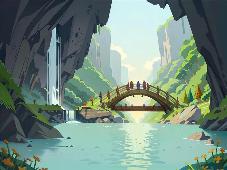 a bridge over a river in a cave like area with a waterfall,style_tombraider,
aqichahua,illustration,flat color,Flat style,Masterpiece,best quality,landscape,plan,<lora:Landscape illustration:0.8>,,day,sunny enough,waterfall of flowing water,æº
èµ·çæ°´è±,, Masterpiece, high-quality,