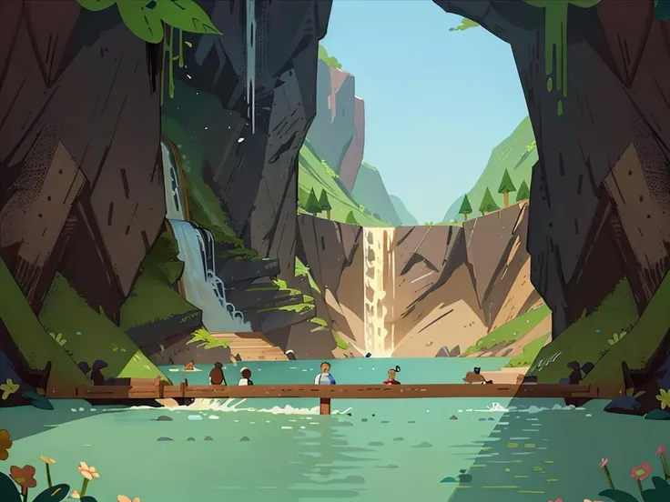 a bridge over a river in a cave like area with a waterfall,style_tombraider,
aqichahua,illustration,flat color,Flat style,Masterpiece,best quality,landscape,plan,<lora:Landscape illustration:0.8>,,day,sunny enough,waterfall of flowing water,æº
èµ·çæ°´è±,, Masterpiece, high-quality,