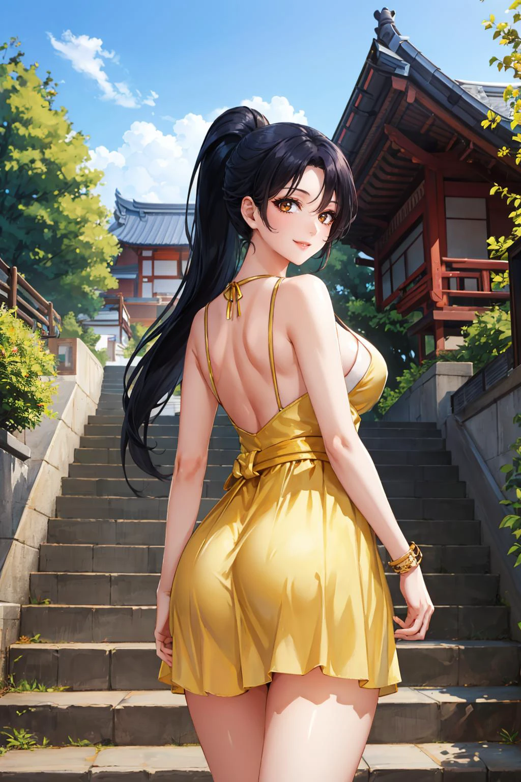 masterpiece, best quality, <lora:doamomiji-nvwls-v1-000009:0.9> doaMomiji, ponytail, yellow sundress, smile, (huge breasts:0.8), looking at viewer, japanese architecture, stairs, garden, blue sky <lora:edgChamYellowSundress:0.4> edgYSD,woman wearing a yellow sundress, from behind