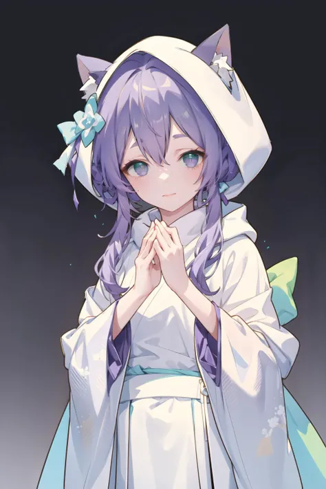 ((masterpiece)), 1girl, solo, <lora:saltMaimaiAnything1.6.4:0.85>, high Detail,
cat ears, green pupils, (purple eyes, green eyes, multicolored eyes,:1.1) ,looking at viewer, closed mouth, grey purple hair,
cowboy shot, <lora:shiromuku:0.85>, shiromuku, white hood,white kimono, cat ear covered under hood, full body, (hands on own stomach:1.2),