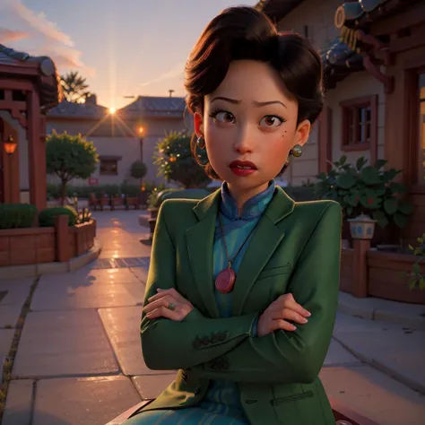 masterpiece, highest quality, absurdres, <lora:minglee:0.7> minglee sitting next to a glistening lake during sunset, black coat, red lipstick, perfect eyes, perfect face, detailed background, (highly detailed textures), medium shot, 3d render, cgi, realistic shadows, cinematic lighting,