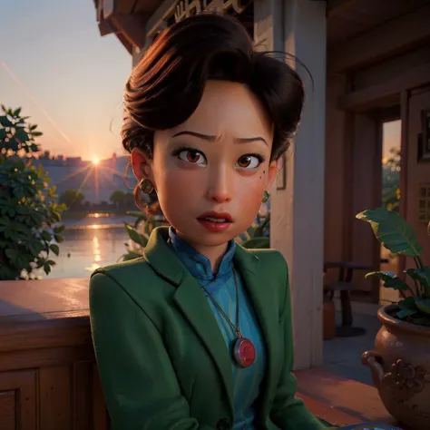 masterpiece, highest quality, absurdres, <lora:minglee:0.75> ((minglee)) sitting next to a glistening lake during sunset, black coat, medium shot, perfect eyes, perfect face, detailed background, (highly detailed textures), 3d render, cgi, realistic shadows, cinematic lighting,