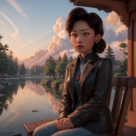 masterpiece, highest quality, absurdres, <lora:minglee:0.6> ((minglee)) sitting next to a glistening lake during sunset, black coat, medium shot, perfect eyes, perfect face, detailed background, (highly detailed textures), 3d render, cgi, realistic shadows, cinematic lighting,