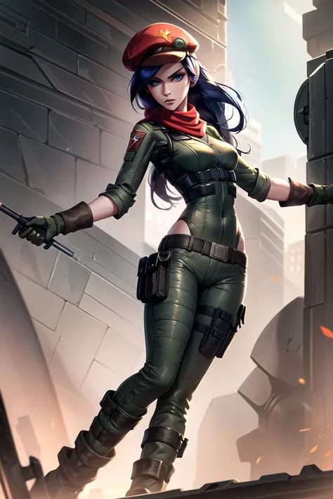 portrait shot of caitlynlol, resistance caitlyn, 1girl, solo, red scarf, red hat, blue eyes, blue hair, long hair, militar outfit, chest armor, green shirt, brown pants, knee boots, green gloves, ear intercom, (detailed face), city background, <lora:caitlynlolv2:0.6>, <lora:more_details:0.5>