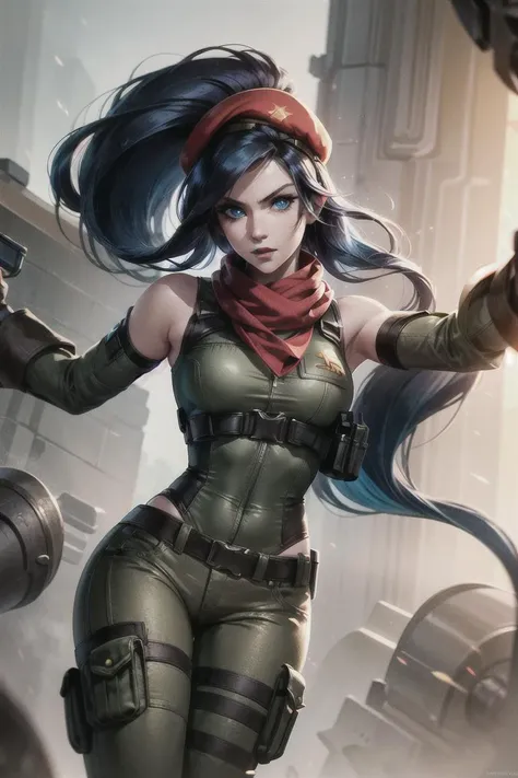 portrait shot of caitlynlol, resistance caitlyn, 1girl, solo, red scarf, red hat, blue eyes, blue hair, long hair, militar outfit, chest armor, green shirt, brown pants, knee boots, green gloves, ear intercom, (detailed face), city background, <lora:caitlynlolv2:0.6>, <lora:more_details:0.5>
