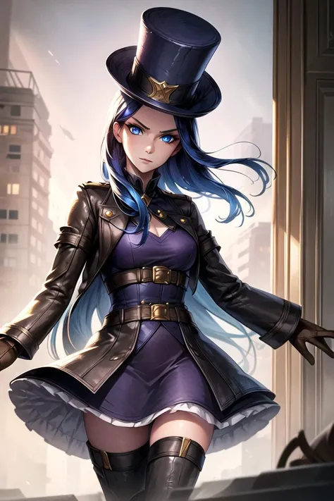 portrait shot of caitlynlol, 1girl, solo, blue eyes, blue hair, long hair, purple top hat, purple dress, purple leggings, brown knee boots, brown gloves, (detailed face), city background, <lora:caitlynlolv2:0.6>, <lora:more_details:0.5>