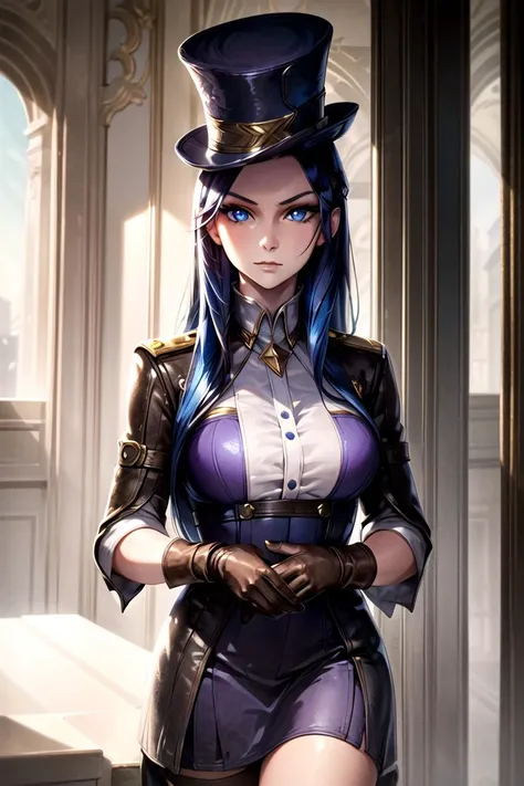 portrait photo of caitlynlol, 1girl, solo, blue hair, blue eyes, purple top hat, purple dress, brown knee boots, brown gloves, detailed face, city background, <lora:caitlynlolv2:0.7>, <lora:more_details:0.5>