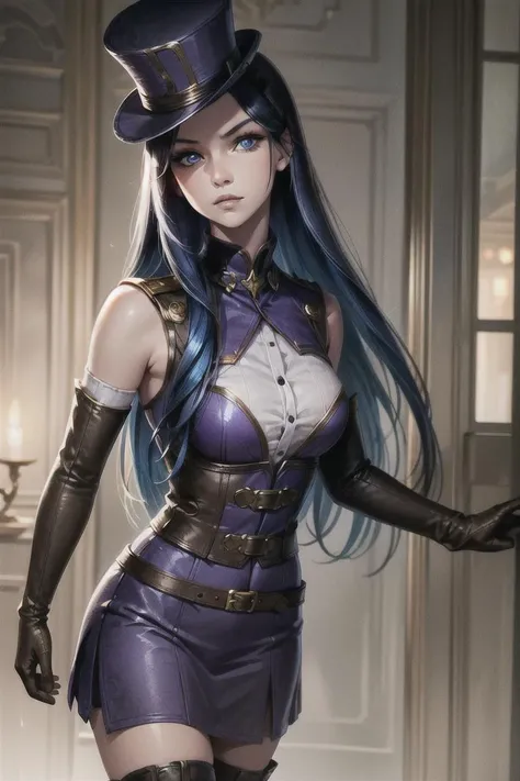 portrait shot of caitlynlol, 1girl, solo, blue eyes, blue hair, long hair, purple top hat, purple dress, brown knee boots, brown gloves, (detailed face), city background, <lora:caitlynlolv2:0.6>, <lora:more_details:0.5>