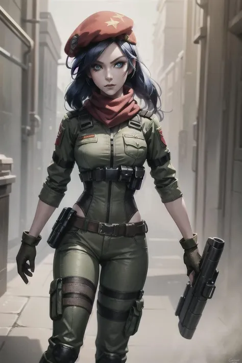 portrait shot of caitlynlol, resistance caitlyn, 1girl, solo, red scarf, red hat, blue eyes, blue hair, long hair, militar outfit, chest armor, green shirt, brown pants, knee boots, green gloves, ear intercom, (detailed face), city background, <lora:caitlynlolv2:0.6>, <lora:more_details:0.5>