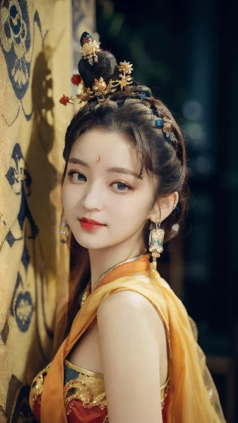huji,fine - art photography,soft portrait shot 8 k,mid length,ultrarealistic uhd upper body,unsplash,kodak ultra max 800,85 mm,intricate,centered symmetrical composition,stunning photos,masterpiece,grainy,centered composition,smile:1.3,(sharp face:1.2),
<lora:xiyuhuji_V1-000006:0.9>,<lora:add_detail:0.4>,red duohuan_dress,(golden hair:1.4),solo,jewelry,earrings,long hair,(huadian:1.2),hair ornament,upper body,red lipstick,(blue eyes:1.3),