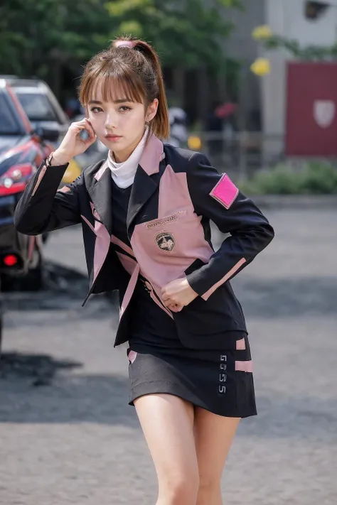 ((masterpiece,best quality)) (extremely detailed CG), (raytracing) (best quality), perfect face, shiny skin, lustrous skin, depth of field,wide hips, narrow waist, umeko, brown hair, skirt, ponytail, jacket, boots, pencil skirt, uniform, brown eyes, long sleeves, short hair, black footwear, star (symbol), blush, bangs, armband, city ruin,sexy pose,
<lora:Umeko:0.8>
