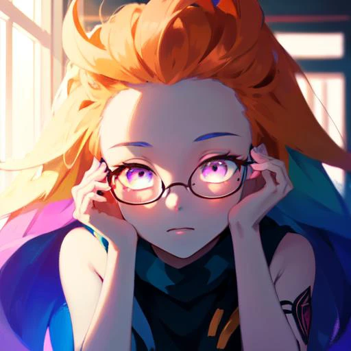 masterpiece, 1girl,gendou pose,(glowing eyes),opaque glasses, (disheveled hair),[orange hair:purple buttom hair:0.8],forehead,zoe,long hair,,(colored inner hair:1.1),(gradient hair:1.1),,multicolored hair, blue and purple  eyes,