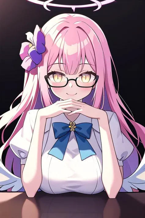 masterpiece, 1girl,gendou pose,(glowing eyes:1.2),opaque glasses, black backgroung, backlighting
<lora:gendou pose:1.2>, (extremely detailed CG unity 8k wallpaper,masterpiece, best quality, ultra-detailed, beautiful detailed eyes),(best illumination, best shadow, an extremely delicate and beautiful, bloom),, masterpiece, best quality,
1girl, mika, 1girl, halo, wings, bangs, yellow eyes, pink hair, long hair, hair flower, hair ornament, medium breasts, white dress, scrunchie, blue bowtie ,<lora:misonoMikaBlueArchive_v10:0.5>, upper body, smile,