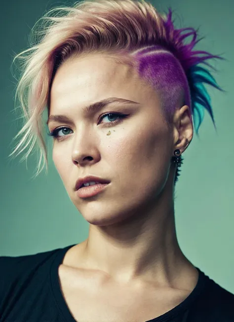 portrait of sks woman by Flora Borsi, style by Flora Borsi, bold, bright colours, rainbow Mohawk haircut, ((Flora Borsi)), <lora:locon_ronda_v1_from_v1_64_32:1.25>