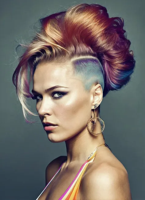 analog style, modelshoot style, portrait of sks woman by Flora Borsi, style by Flora Borsi, bold, bright colours, rainbow Mohawk haircut, ((Flora Borsi)), <lora:locon_ronda_v1_from_v1_64_32:1.25>