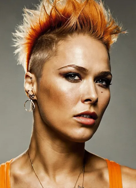 portrait of sks woman by Flora Borsi, style by Flora Borsi, bold, bright colours, orange Mohawk haircut, ((Flora Borsi)), <lora:locon_ronda_v1_from_v1_64_32:1.25>