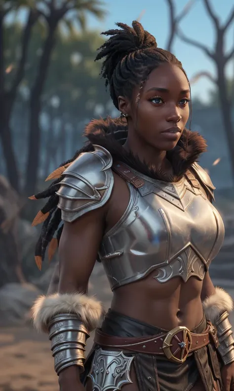 khamb2024, 1girl, best quality, masterpiece, 5 fingers, depth of field, 5 fingers, raw photo, photorealistic, dark skin, dressed as barbarian, diablo 3, armor, fur trim, strong,