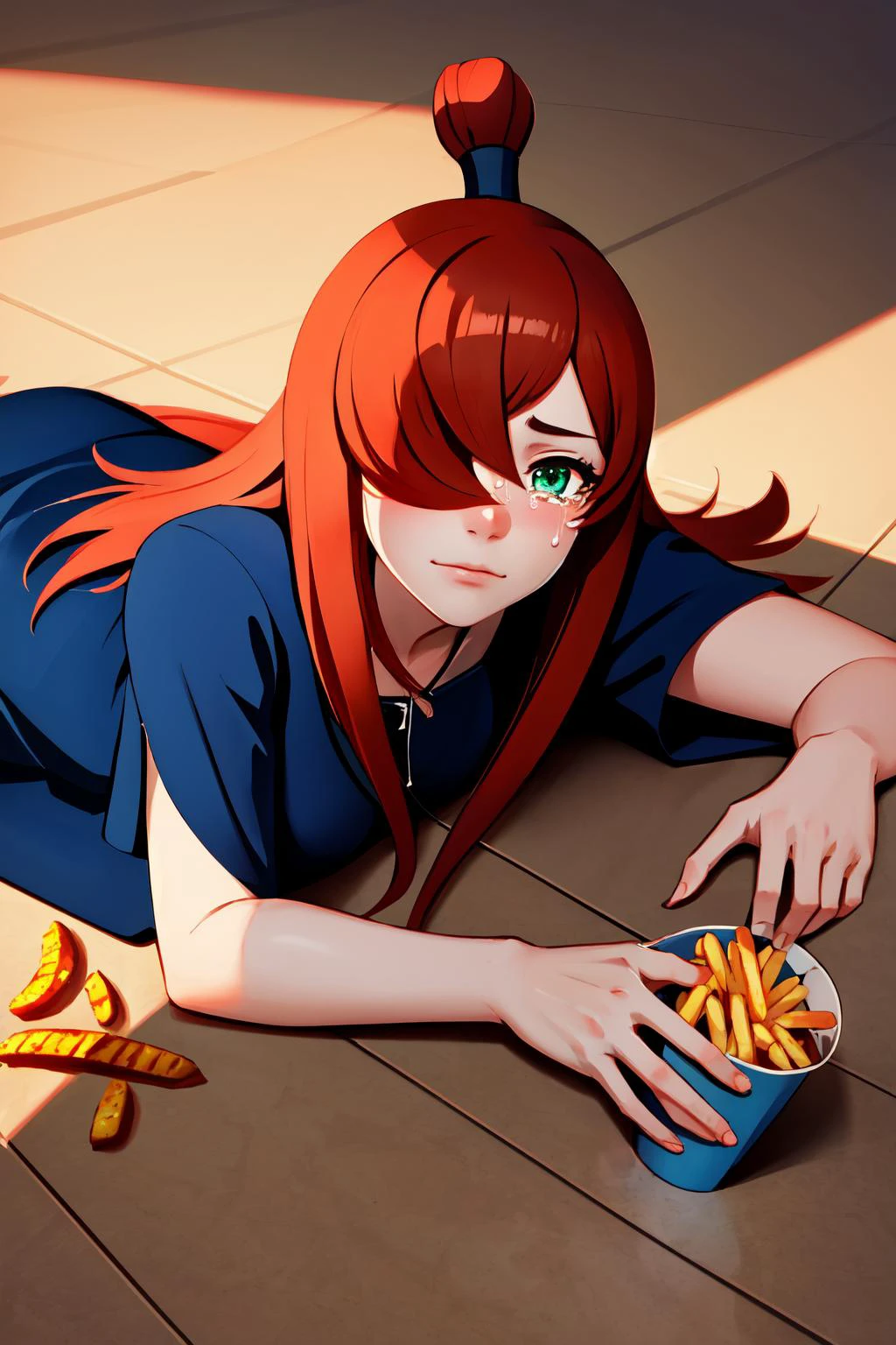 Highly detailed, High Quality, Masterpiece, beautiful, nar_terumi_mei, green eyes, hair over one eye, long hair, blue dress, <lora:Char_Naruto_TerumiMei:1>, ApuMeme, lying, tears, on stomach, food, spill, crying, shadow, tearing up, on floor, cup, french fries, <lora:ApuSpillsHisTendiesMeme:1>