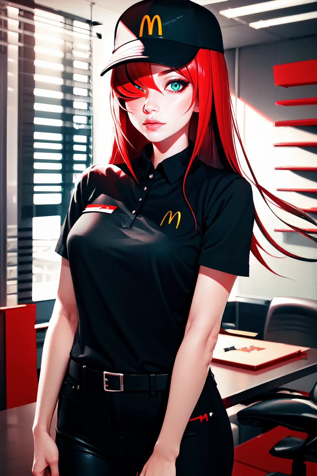 Highly detailed, High Quality, Masterpiece, beautiful, nar_terumi_mei, green eyes, hair over one eye, long hair, <lora:Char_Naruto_TerumiMei:1>, McDonaldsUniform, shirt, black shirt, uniform, black pants, pants, cap, <lora:Outfit_McDonaldsUniformBlack:1>