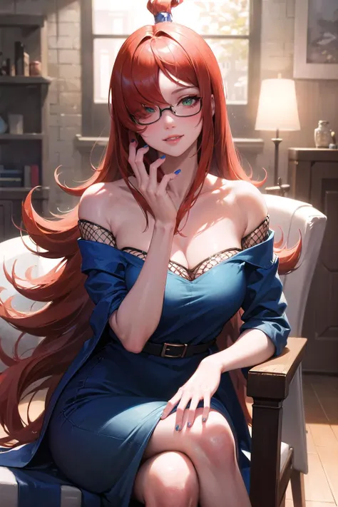 (highly detailed:1.3),
<lora:nar_terumi_mei-10:1>,nar_terumi_mei,green eyes,hair over one eye,long hair,large breasts,blue dress,fishnets,sitting on a chair,wearing glasses,looking to the size,light smile,crossed legs,hand on own chin,
Ultra-detail,(highres:1.1),best quality,(masterpiece:1.3),cinematic lighting,