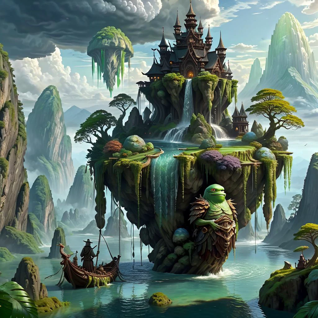 (masterpiece, best_quality, ultra-detailed, immaculate:1.3), epic, illustration, Magical floating islands with translucent giant PEPE mega-physique guardian watching over earth, solo, outdoors, sky, cloud, water, armor, glowing, , cloudy sky, staff, glowing eyes, rock, mountain, <lora:ral-mytfrst-sdxl:0.8> ral-mytfrst , fantasy, glowing, glowing eyes, fantasy landscape, floating islands, falling waterfalls, <lora:guardian:0.9> enormous guardian spirit <lora:ponydiffusionv6_pepethefrog:1>