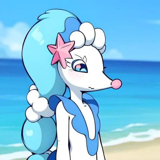 masterpiece, high resolution, 1girl, Primarina, upper body, (face in frame), close up:0.5, beach background, looking at viewer, arms behind back, pink nose, snout nose, long hair, blue hair, white skin, colored sclera, mouth closed, <lora:Primarina:1>