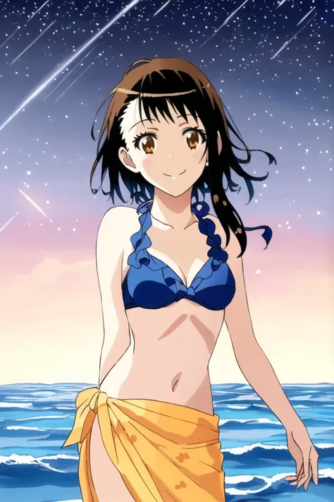 <lora:onodera-000004:1>,((masterpiece,best quality, detailed)), ultra-detailed, detailed hair, deep shadows, hard rim lighting,((dramatic lighting)),sharp focus, cowboy shot, (1girl:1.2), solo,(short hair:1.3), (floating hair:1.2), (seductive smile:1.1),medium breasts, standing, (looking at viewer:1.2), (sea:1.3),(starry sky:1.3) , (sarong bikini:1.2)