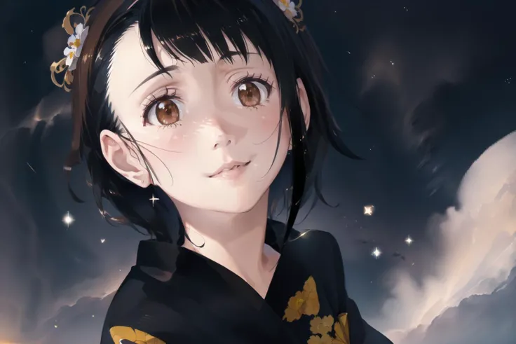 (((sfw))), masterpiece, high quality, highly detailed, (beautiful detailed face, detailed backgroung), ((full bpdy), full scenic shot), 1girl, kisaki onodera, kimono, smiling, (looking up) at the starry sky, standing at a beach (watching the starry sky) at night, (beautiful starry sky, milkyway. milky way), soft dimmed lighting, smooth shadow, dark, night theme,<lora:onodera-000004:0.7>, <lora:milkyW:0.6>