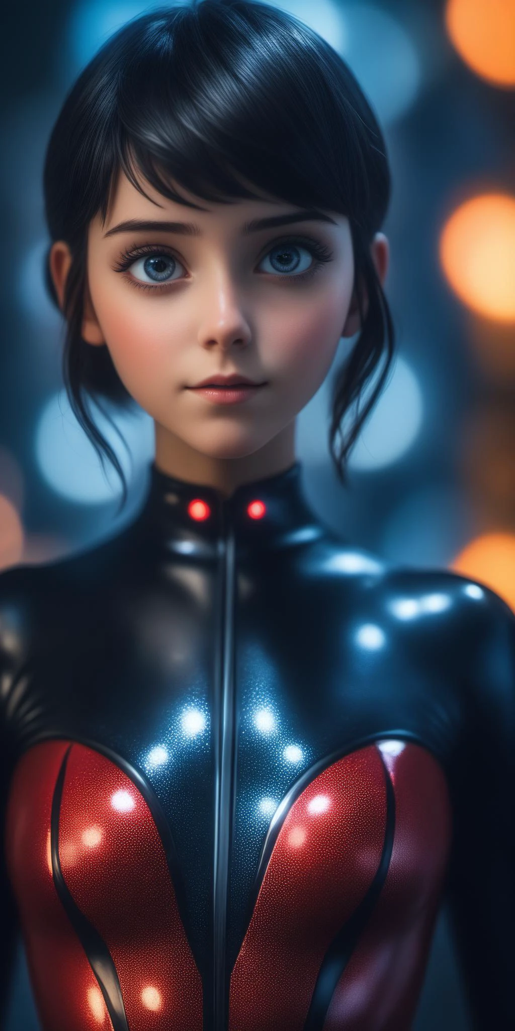 High detail RAW color, full body shot, Marinette Dupain-Cheng in <lora:StGermain_Marinette_Dupain-Cheng_XL:0.9> (euphoria:1.0), dark makeup, (dramatic, mysterious, symmetrical background, lightshafts, dark:1.2), bokeh, shallow focus, f2, 85mm, (backlit:1.1), serious, moody, red ladybug chrome bodysuit, eos, skin_pores, 8k high definition, high detail eyes, highest quality, skin texture, masterpiece, best quality, 8k, cinematic lighting, (sharp focus:1.2), HDR, beauty, ultra-detailed, amazing,