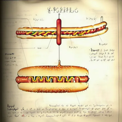 serafini style drawing scientific <lora:Serafini_Style:1> hot dog, diagram,