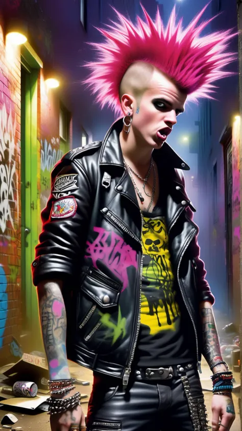 [(defiant (((26-year-old punk rocker))) with spiked hair and leather], [challenging the system with every chord]:1.1) (in a graffiti-laden alleyway, the vibrancy of rebellion echoing through the night:1.3)