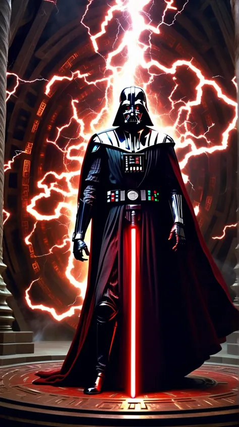 [(calculating (((27-year-old Sith Lord))) with piercing crimson eyes], [hungry for power and control]:1.1) (in a darkened chamber, lightning crackling from his fingertips amidst a swirling vortex of dark energy:1.3)