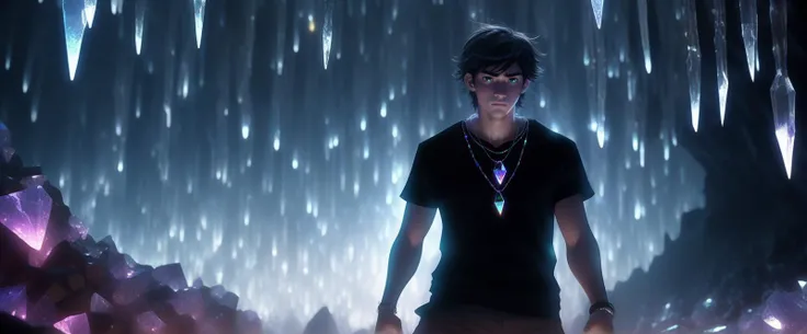 [(23-year-old Lorekeepercore man wearing(Layered silver necklaces with a black V-neck tee)], [(battle in a cavern of crystals, with refracted light creating a dazzling and disorienting environment:1.3)], pixar, cinematic, 4k, UHD, <lora:Abyssal_Tech_XL-000016:1.0> img dissolving abyss  abyssaltech