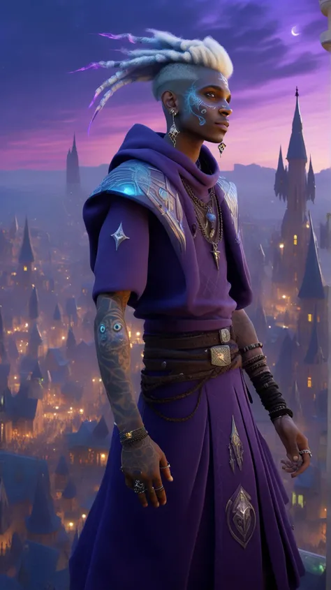 [(enigmatic (((20-year-old necromancer))) with silver-streaked hair and dark tattoos], [channeling ancient spirits]:1.1) (above the mesmerizing expanse of a floating city its spires gleaming under the twilight:1.3)