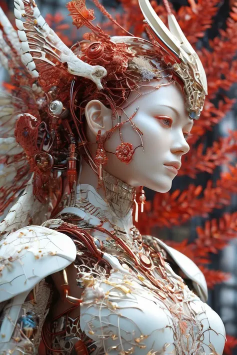 (masterpiece, best quality, ultra realistic,32k,RAW photo, detail skin, 8k uhd, dslr, high quality, film grain:1.5),
nousr robot, complex 3d render ultra detailed of a beautiful death angel, biomechanical cyborg, analog, 150 mm lens, beautiful natural soft rim light, big leaves and stems, roots, fine foliage lace, colorful details, samourai, Boris Bidjan Saberi outfit, pearl earring, piercing, art nouveau fashion embroidered, intricate details, mesh wire, mandelbrot fractal, anatomical, facial muscles, cable wires, microchip, badass, hyper realistic, ultra detailed, octane render, volumetric lighting, 8k post-production, red and white with a bit of black, detailled metalic bones, semi human, iridescent colors, Glenn Brown style, white room, power of the god, high-angle shot, complex body poses, beautiful face