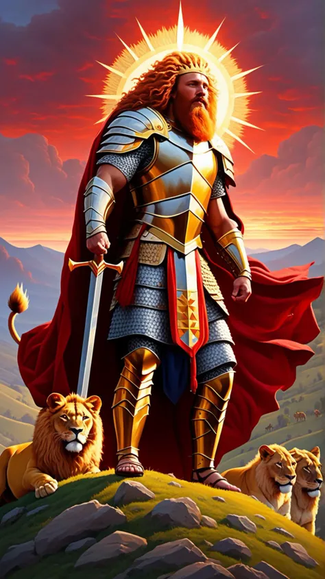 [(commanding (((27-year-old warrior king))) with a lion's mane of hair], [protector of his realm]:1.1) (on a hill, his army rallying behind him against a crimson dusk:1.3)