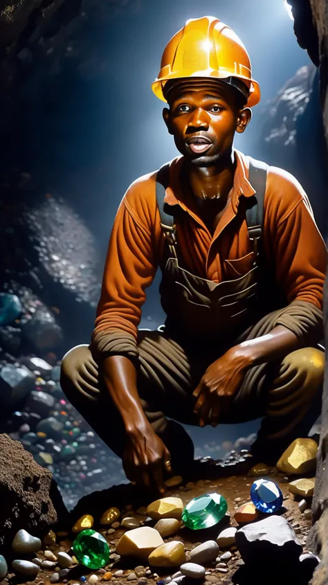 [(anguished (((25-year-old miner))) with coal-streaked face], [in pursuit of elusive wealth]:1.1) (deep within a collapsing mine, gemstones gleaming amidst the darkness:1.3)