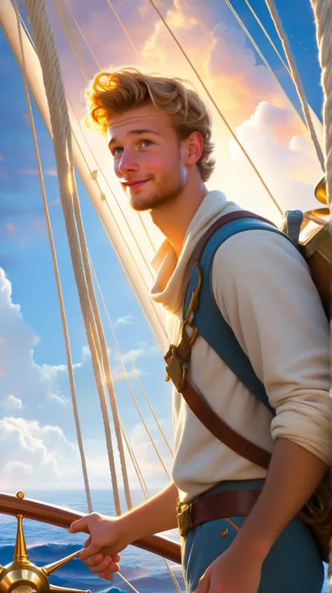 [(radiant (((24-year-old explorer))) with a spark in his eyes], [in search of new horizons]:1.1) (on the bow of a grand ship, with endless seas stretching before him:1.3)
