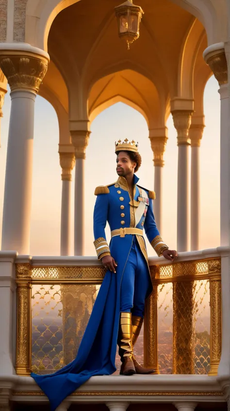[(noble (((26-year-old prince))) adorned in royal blues and gold], [bearing the weight of a kingdom]:1.1) (standing tall atop his castle balcony, gazing at the vastness of his realm:1.3)