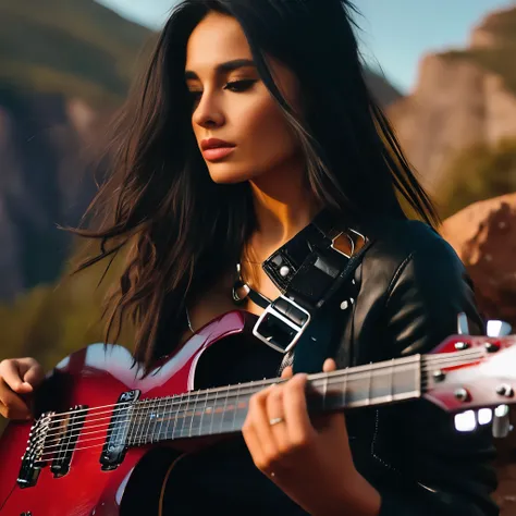 a (documentary photography:1.2) photo of beautiful pensative young slim brunette girl sophielloyd with middle black bob hair with ponytail is playing guitar, upper body framing, on the Mountain edge of a cliff on the background, edge lighting,  from a low angle , shot on Hasselblad X1D II, (in style of Paul Barson:1.4),dslr, 8k, 4k, ultrarealistic, realistic, natural skin, textured skin 
<lora:SophieLloyd-000007:1>