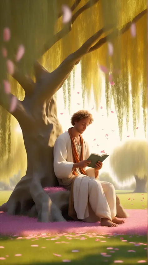 [(whimsical (((22-year-old poet))) with a distant gaze], [weaving stories of distant lands]:1.1) (underneath a willow tree, petals dancing around him with the breeze:1.3)