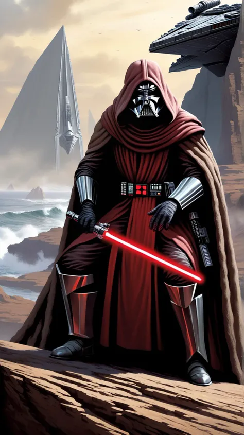 [(brooding (((29-year-old Sith acolyte))) with a half-mask hiding scars], [obsessed with vengeance]:1.1) (on a desolate, rocky outcrop, summoning a fleet of Star Destroyers with the mere wave of his hand:1.3)