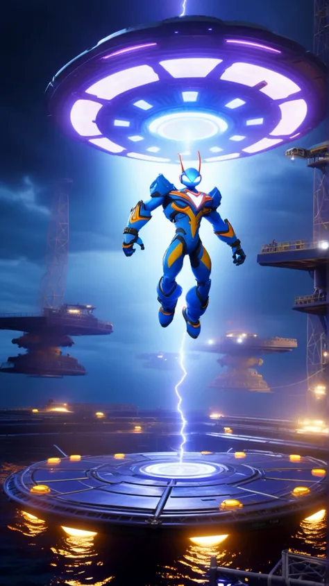 [(electrically-charged (((Zero))) using his Z-Buster], [unleashing torrents of energy]:1.1) (on the high platforms of a floating base, intense light contrasts with the shadowy depths below, capturing a relentless pursuit:1.3)