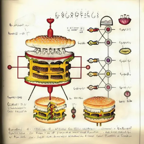 serafini style drawing scientific <lora:Serafini_Style:1> cheeseburger, diagram,