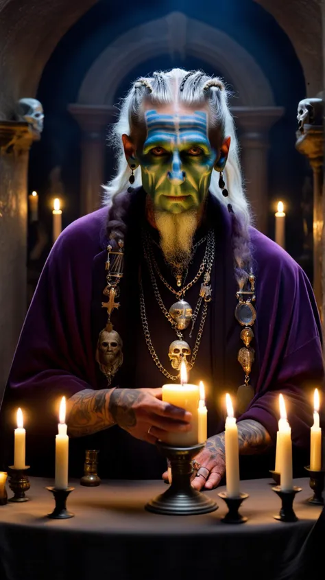 [(enigmatic (((50-year-old necromancer))) with silver-streaked hair and dark tattoos], [channeling ancient spirits]:1.1) (within a candlelit chamber walls adorned with portraits of ancestors:1.3)