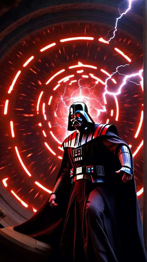 [(calculating (((27-year-old Sith Lord))) with piercing crimson eyes], [hungry for power and control]:1.1) (in a darkened chamber, lightning crackling from his fingertips amidst a swirling vortex of dark energy:1.3)